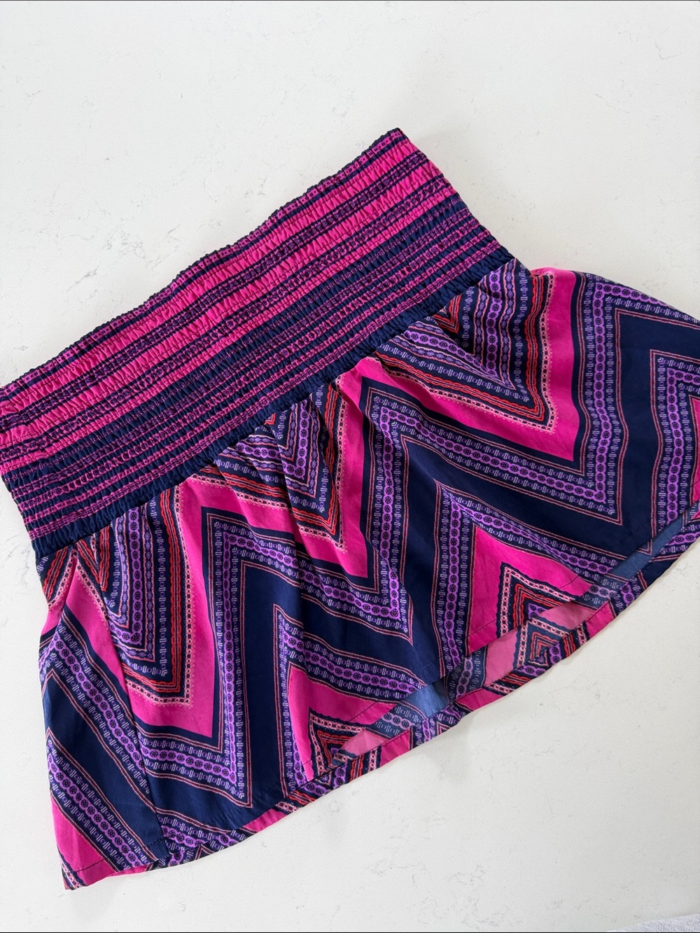 Express Pink and Navy Chevron Print Smocked Mini Skirt